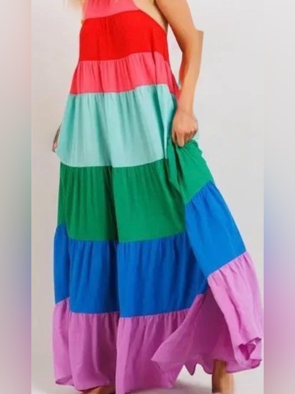 Better Be Colorblock Tiered Halter Maxi Dress Rainbow Women’s M / L